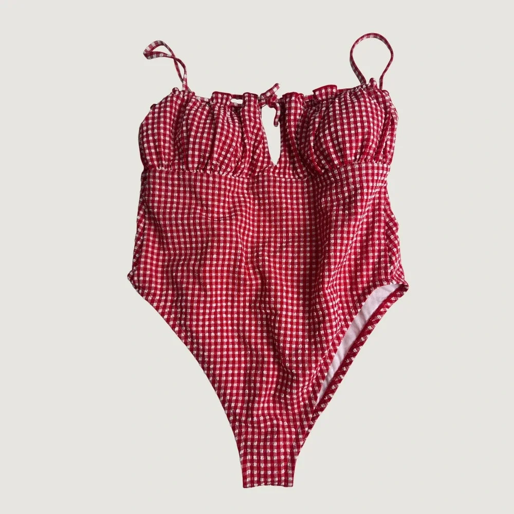 Cottagecore Kacey Musgraves Gingham Picnic One Piece Swimsuit Red White XL NWT